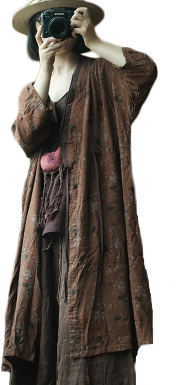 NFYM Women Lightweight Kimono Jacket Cotton Yarn Printed Tie Up Vintage Loose Cardigan Open Front Trench Coat Outerwear - Image 5