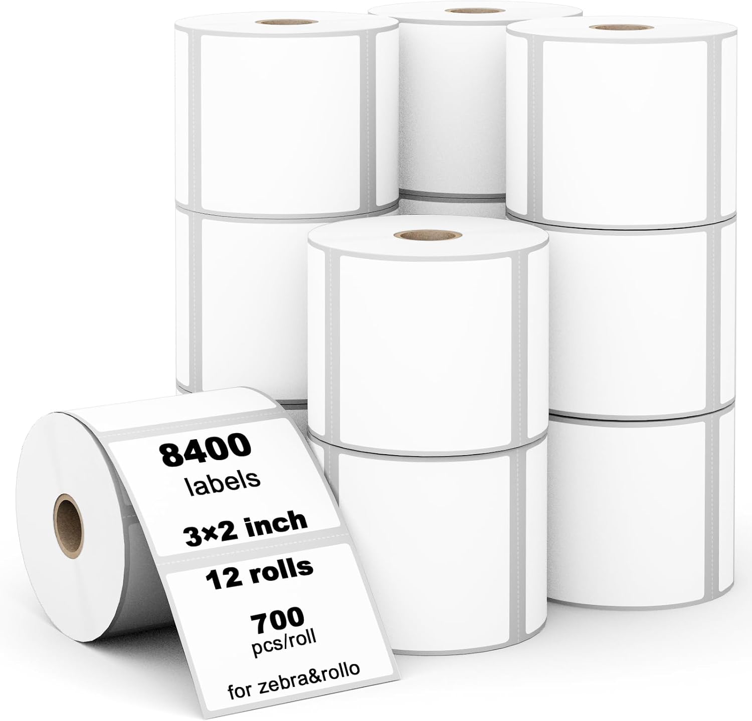 (8400 Pcs/3-Proof 1" Core) Labelebal 12 Rolls 3" x 2" Direct Thermal Label (76mm x 51mm) Multipurpose Shipping Address Mailing Barcodes Labels Compatible for Zebra 2844 & Rollo Desktop Label Printer