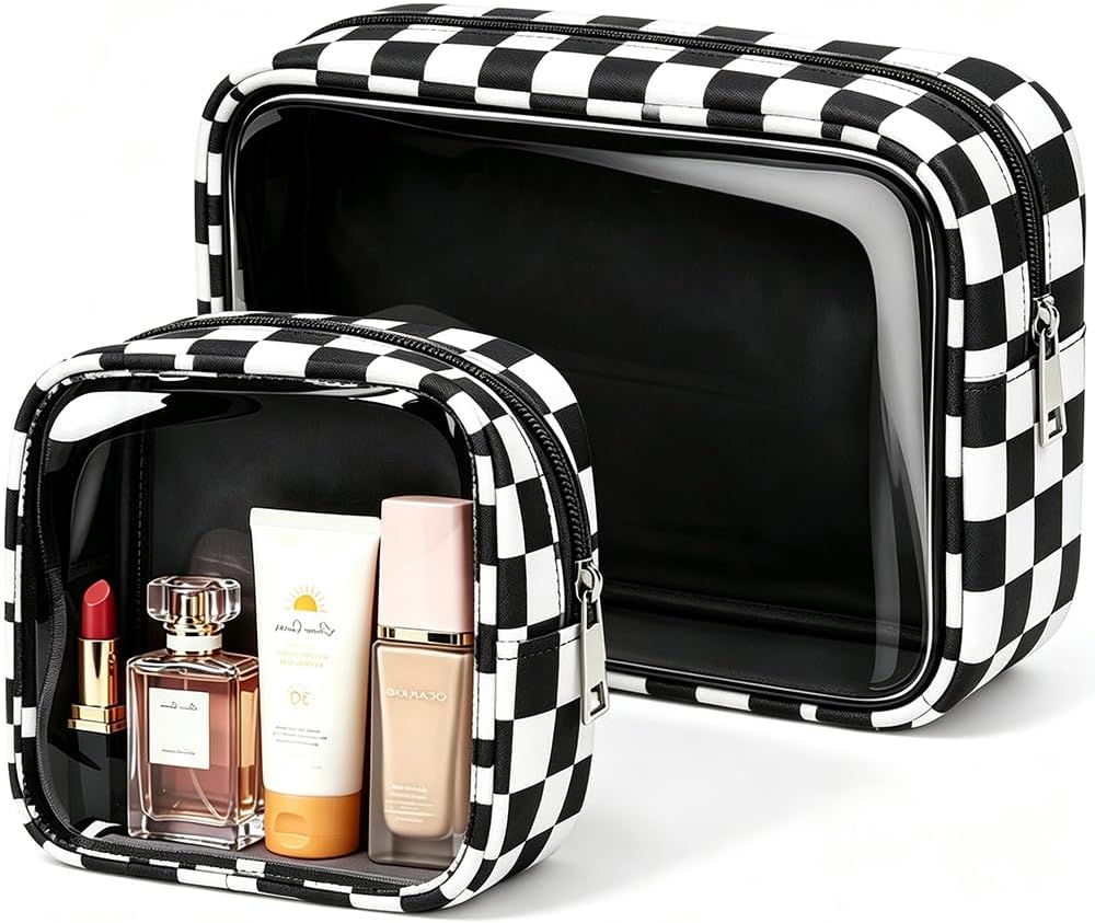 2 Pcs Clear Checkered Makeup Bag Set, Large Capacity Cosmetic Case Waterproof Travel Toiletry Bag Organizer Portable Makeup Pouch for Purse Small Make Up Bag Car Bag for Essentials (Mini+Large Black)