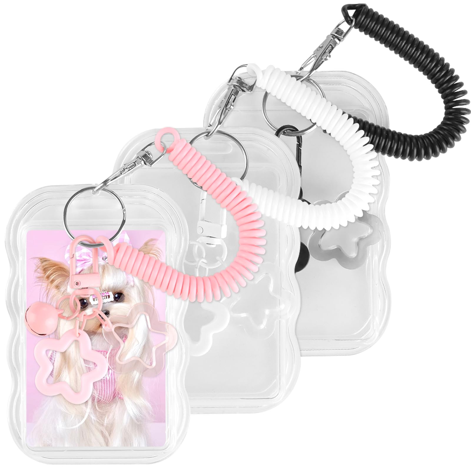 3 sztuki kluczyka Photocard Holder, Star Bells ID Card Holder z odpinanym linkoszkiem, dwustronny uchwyt na dowód, karty z zdjęciami dla dowód, karta autobusu, wyświetlacz zdjęć idola (Biały, Czarny