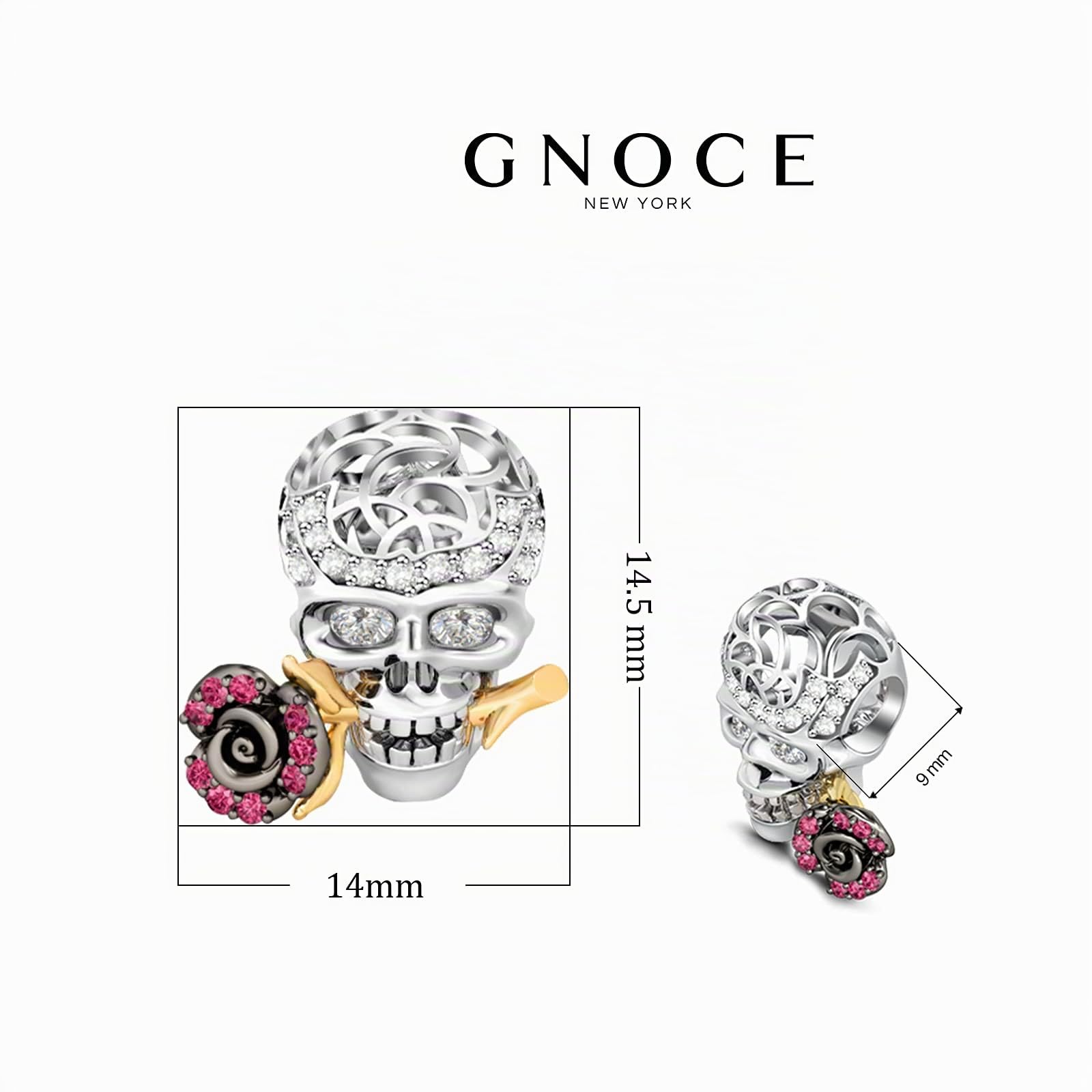 GNOCE Abalorio de plata de ley 925 con diseño de calavera, compatible con pulseras y collares