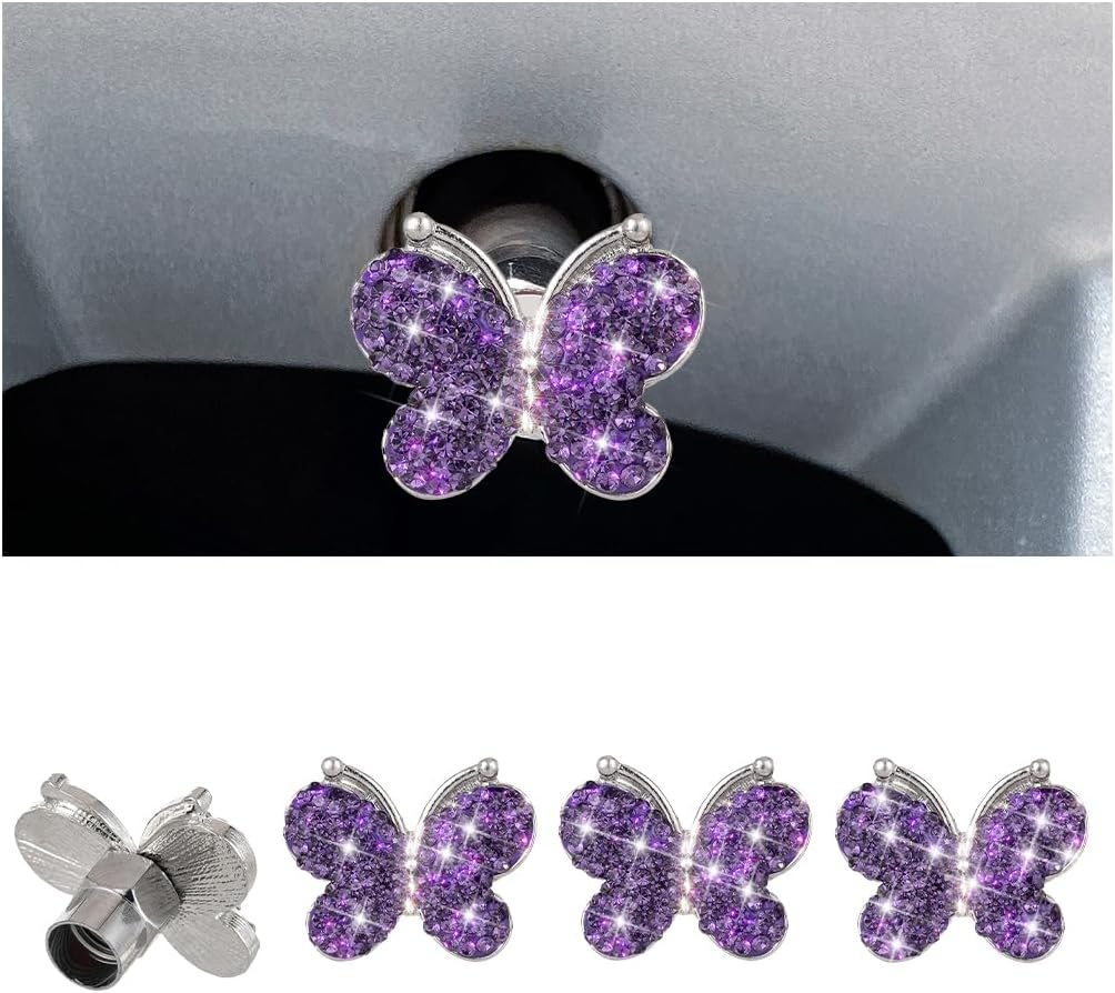 4PCS Bling Car Tire Valve Stem Caps, Butterfly Rhinestone Vehicle Wheel Air Cover, Diamond Dustproof Automotive Stem Decor Accessories, Universal for SUVs Trucks Motorcycles (Purple)