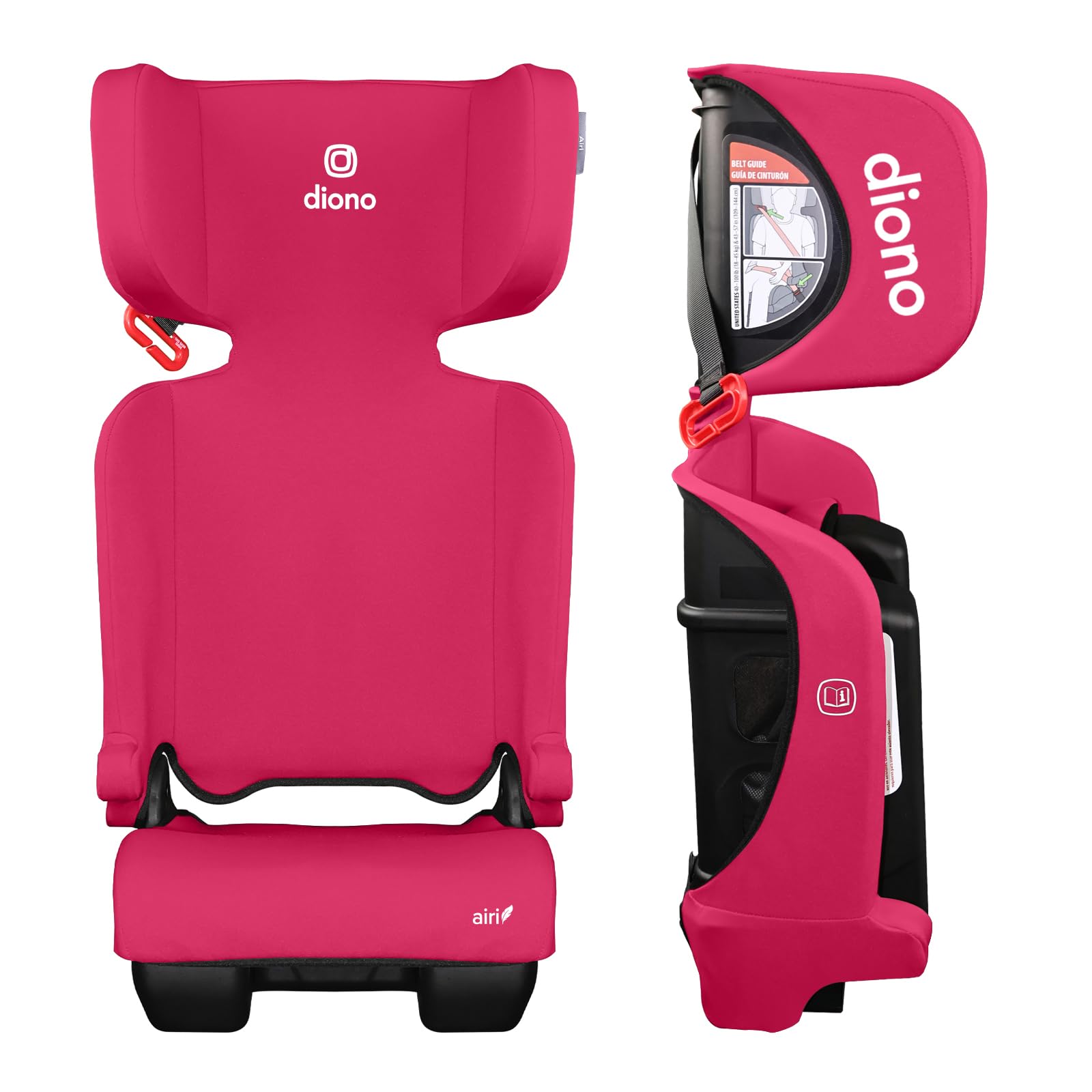 diono airi lightweight high back booster seat, foldable travel friendly, slim 3-across fit, 40–100 lbs/43–57 in, frontal impact protection, pink