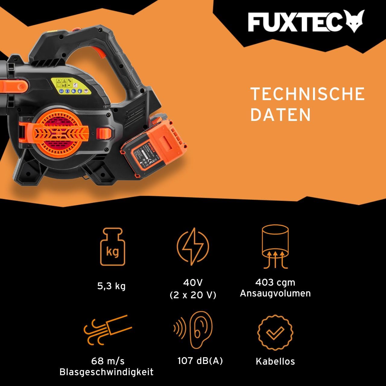 FUXTEC 40 Volt 2in1 Akku-Laubbläser/-Sauger Set FX-E2LBS-SET, leistungsstarker Laubhäcksler inkl.Akku und Ladegerät, Saugleistung 685.1m³/h, ergonomischer Handgriff, Geschwindigkeitsregulierung