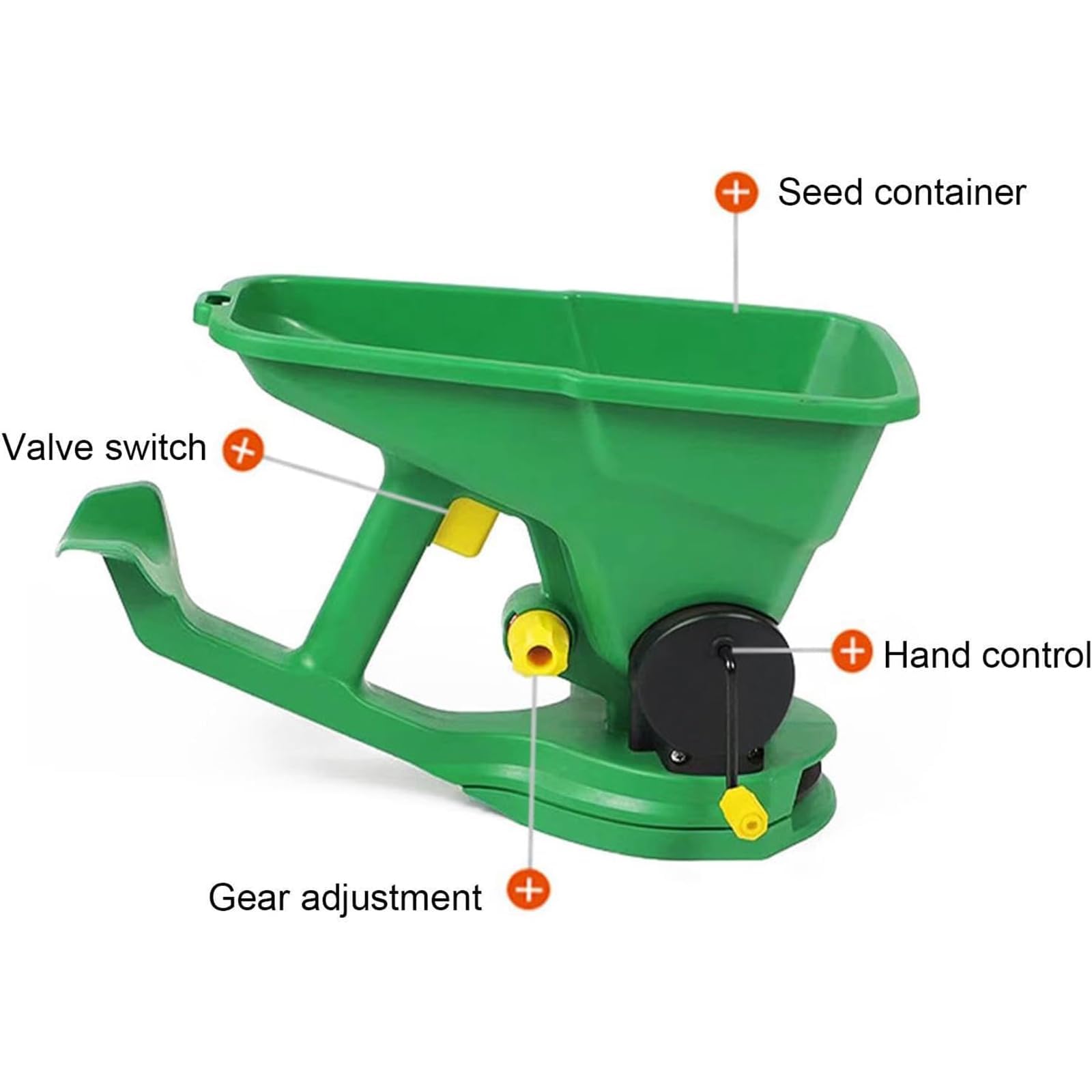 Esparcidor de semillas, diseño de mano de 2 litros con ajuste de 5 engranajes, herramienta de jardinería portátil para césped, jardín, horticultura, fertilizantes y derretimiento de nieve
