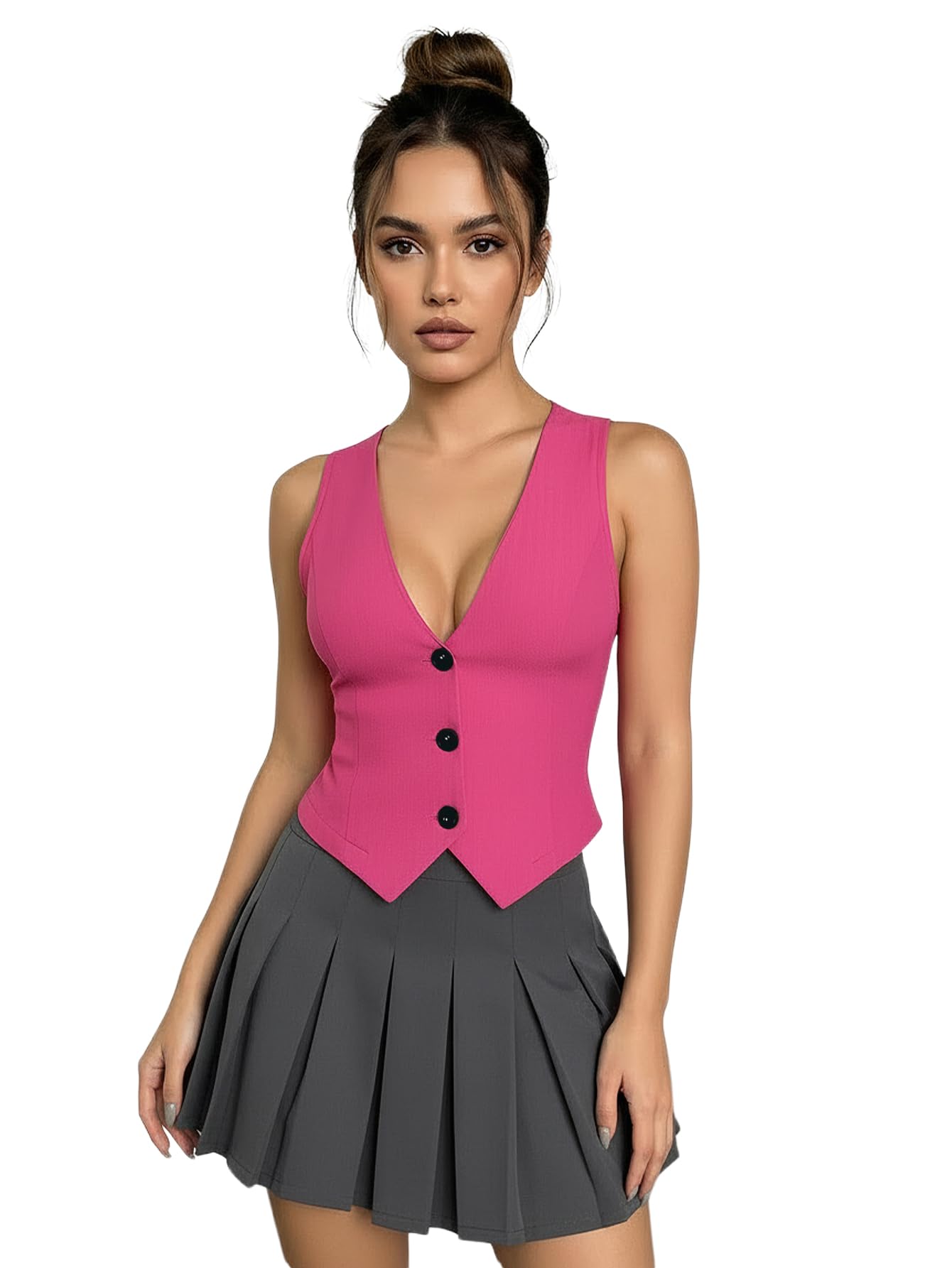 Womens Button Up V Neck Blazer Vest Summer Sleeveless Fitted Cropped Waistcoat Business Casual Tops