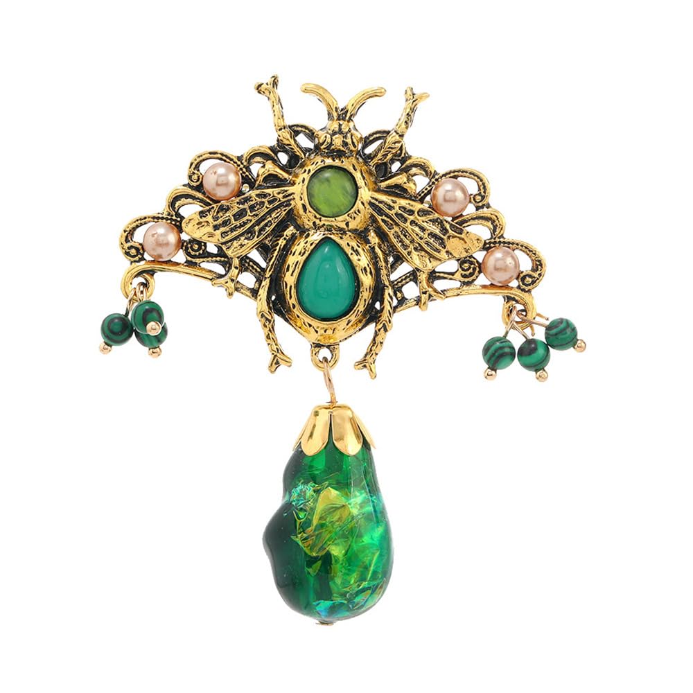 Vintage Green Bee Brooch Pin for Women Men Gold-Toned Antique Teardrop Stone Shell Pearl Balls Brooches Lapel Pins Elegant Dress Accessories Spring