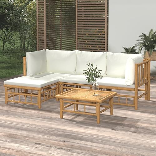 5 Piece Bamboo Garden Lounge Set Outdoor Patio Furniture with Beige Cushions, Natural Bamboo Rectangular Seating Set for Backyard, Porch, and