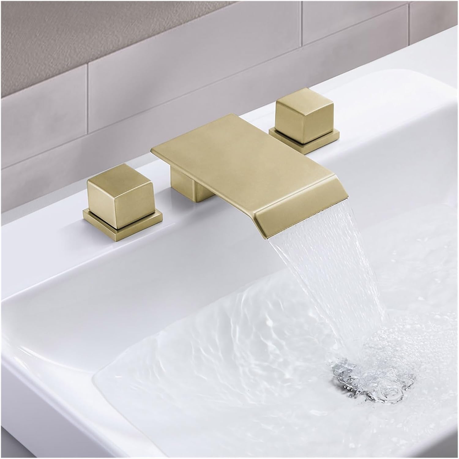 Matte Black Bathtub Faucet Double Handle Design Bathroom Faucet Waterfall Install On Bathtub All Brass Cold and Hot Basin Tap(Color:Brushed Gold)