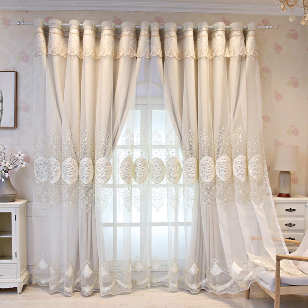 Rideau occultant double couche avec dentelle brodée pour isolation thermique de salon