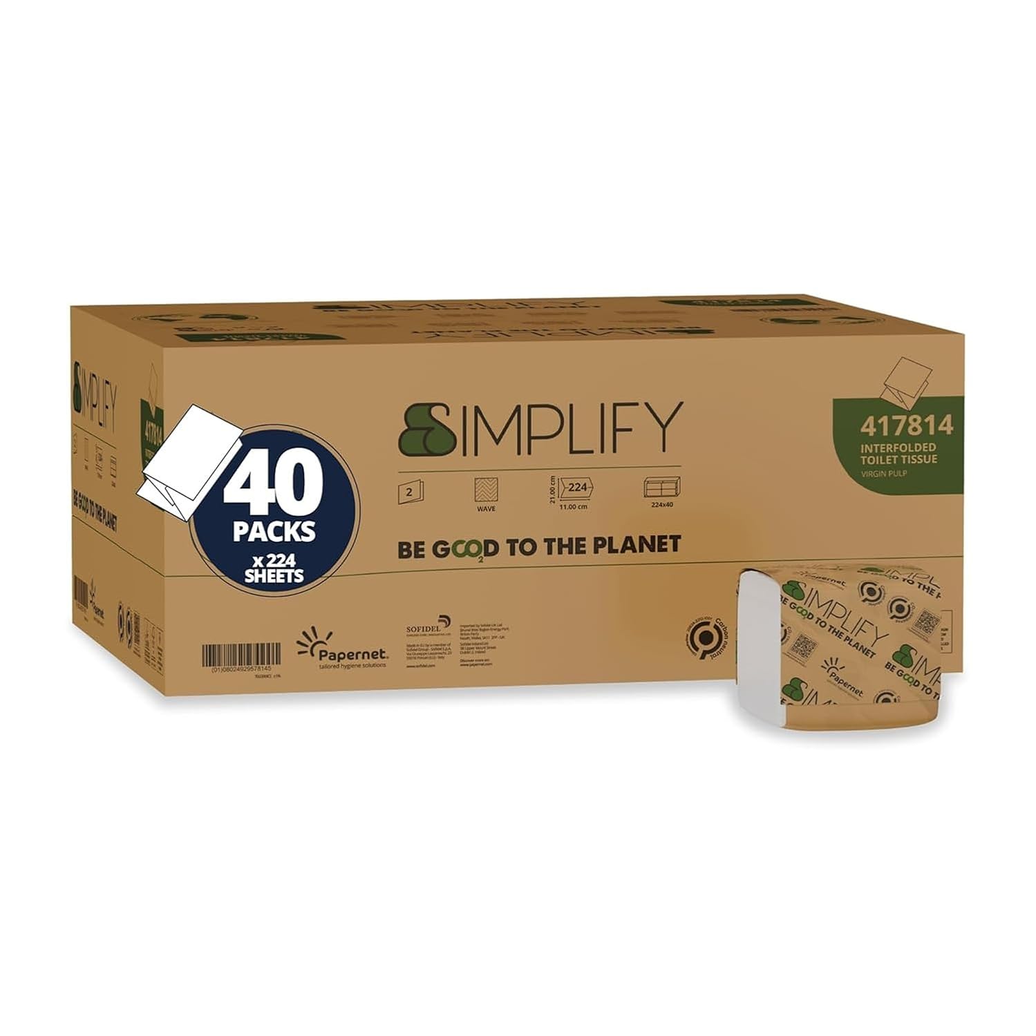 Papernet Simplify - Carta Igienica Interfogliata 417814, Carta Igienica in Pura Cellulosa, Due Veli, 8.960 Servizi, 224 Servizi per Clip, Dimensioni Servizio 21x11cm, Goffratura Ondulata, Bianca