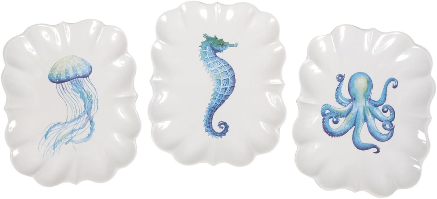 Octopus Jellyfish and Seahorse Scalloped Edge Ceramic Serving Plates Set of 3