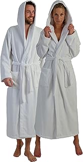 NATURA WALK – Langer Bademantel für Damen & Herren aus 100% Bio-Baumwolle – Mit Kapuze, Taschen & Gürtel – Wadenlang – L bis 4XL Farbe weiss 125 cm, Grösse XXL