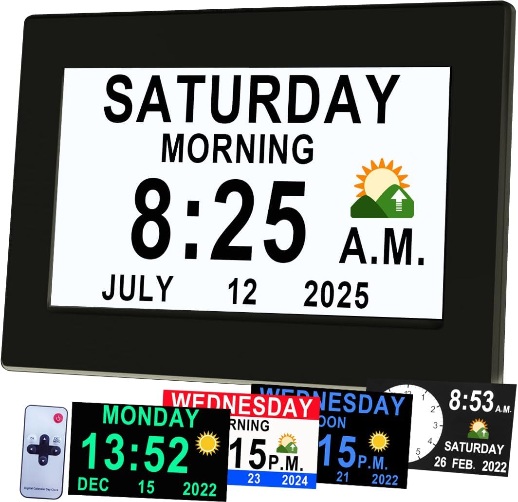 Véfaîî Upgraded Large Digital Calendar Clock with Day Night Icons for Elderly, 20 Custom Reminders, Auto DST, 10 Levels Night Dimmer, 8 Colors 3 Display Modes,10 Levels Volume, 7" Black with Remote