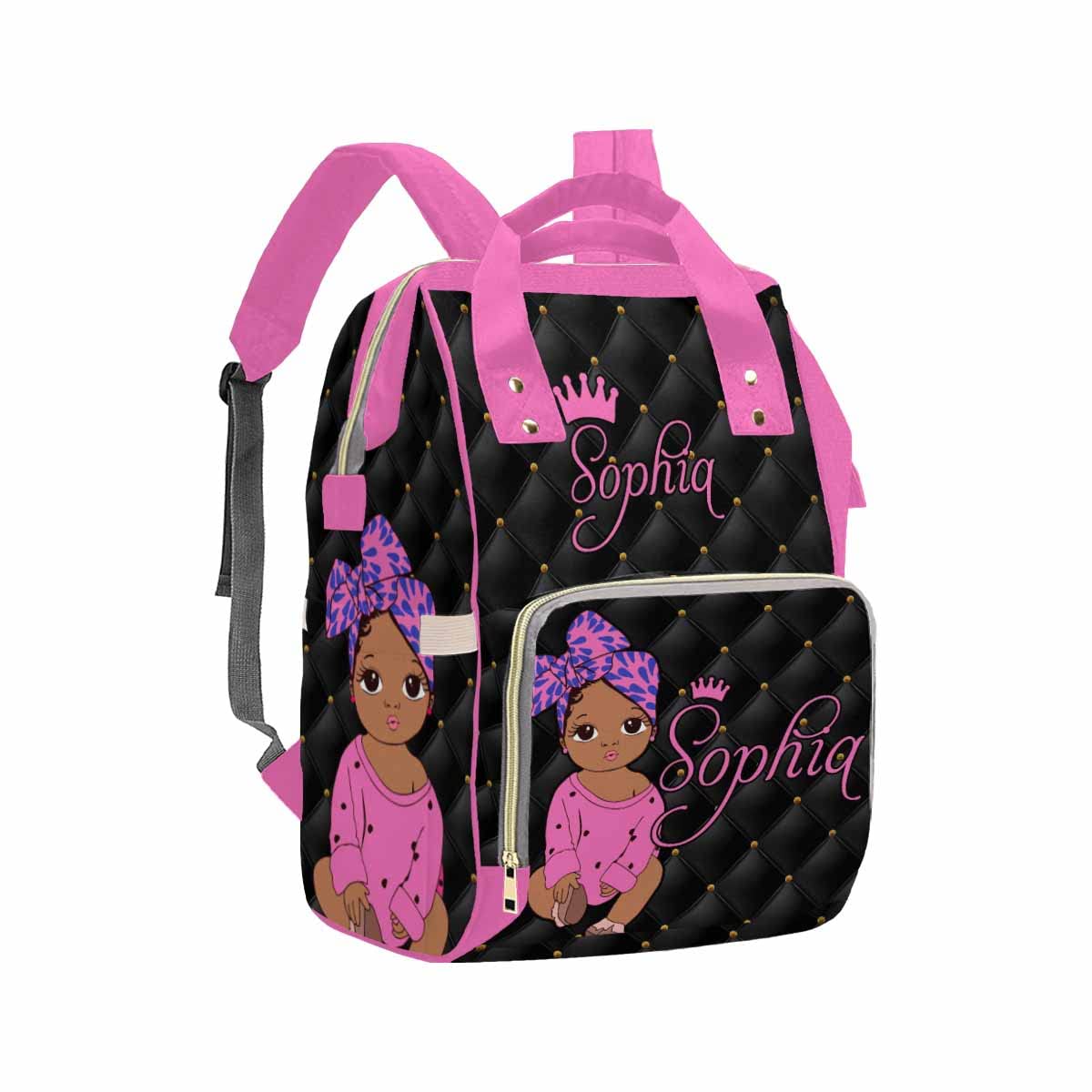 Artsadd Custom Name Diaper Bag Mommy Nappy Bags, Personalized Pink Crown Dots Handbags Large Capacity Multi-Function Nursing Bags for Outdoor Shopping