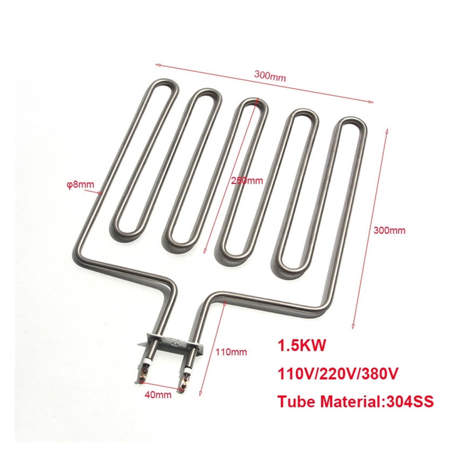 Resistencia calefactora eléctrica SUS304 110V/220V/380V 1.5KW Tipo 4U/5U, Tubular, for Agua y Aceite(300mm,220V)