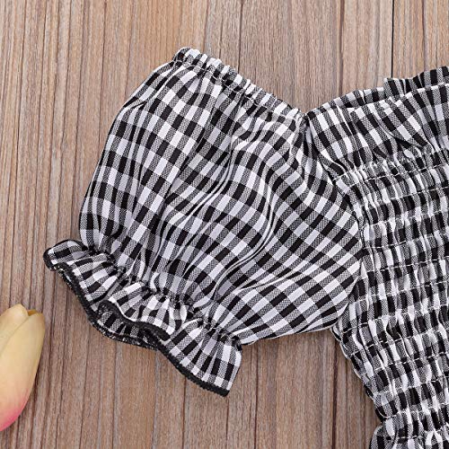 Toddler Kids Baby Girls Summer Clothes Off Shoulder Ruffle Crop Tops Ripped Denim Shorts Pants 2Pcs Outfits Set (Black Plaid, 7-8 Years) #TOP3