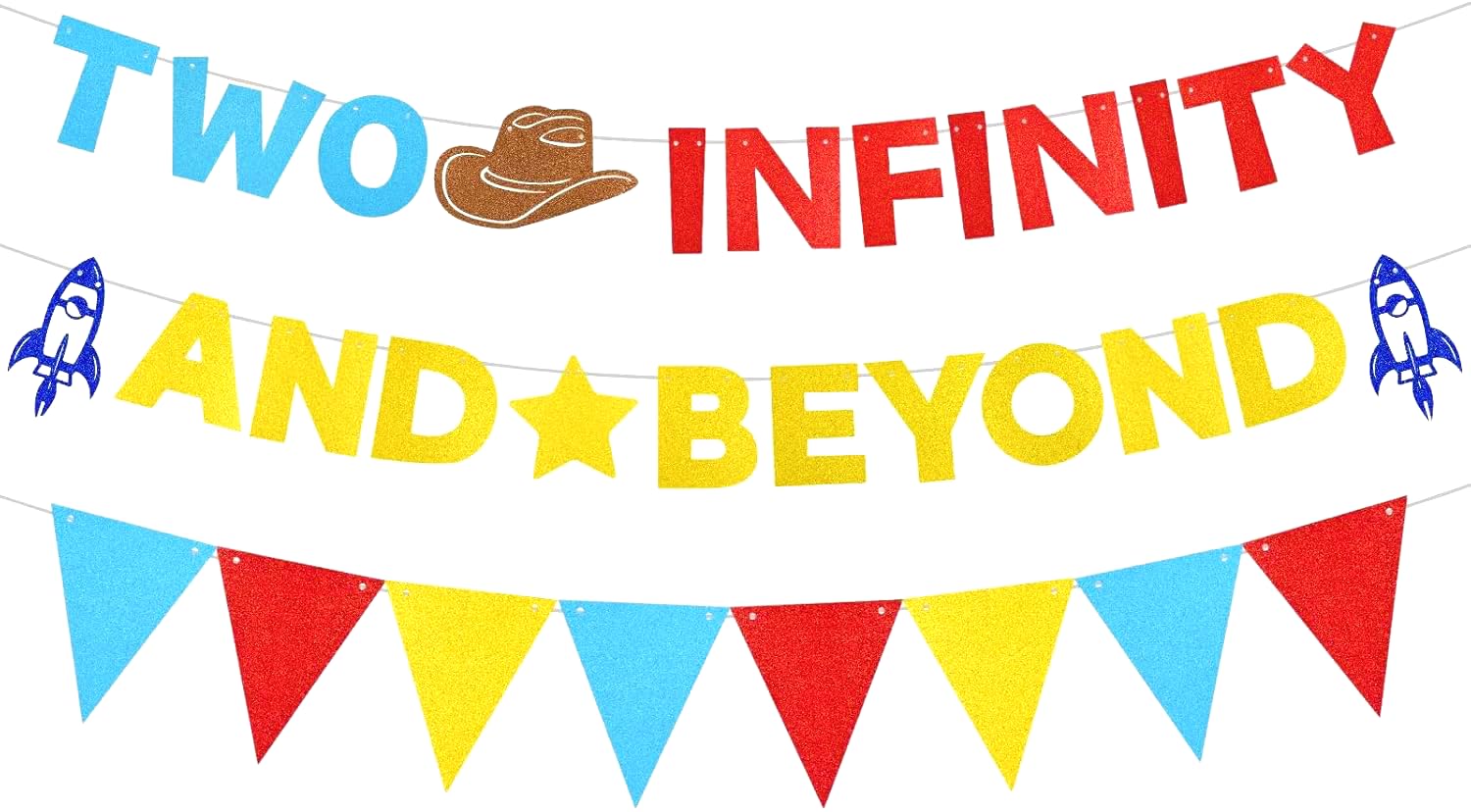 Two Infinity and Beyond Banner Toy Inspired Story Birthday Party Decorations with Yellow Blue Red Glitter Triangle Pennant Flag Streamers Photo Prop