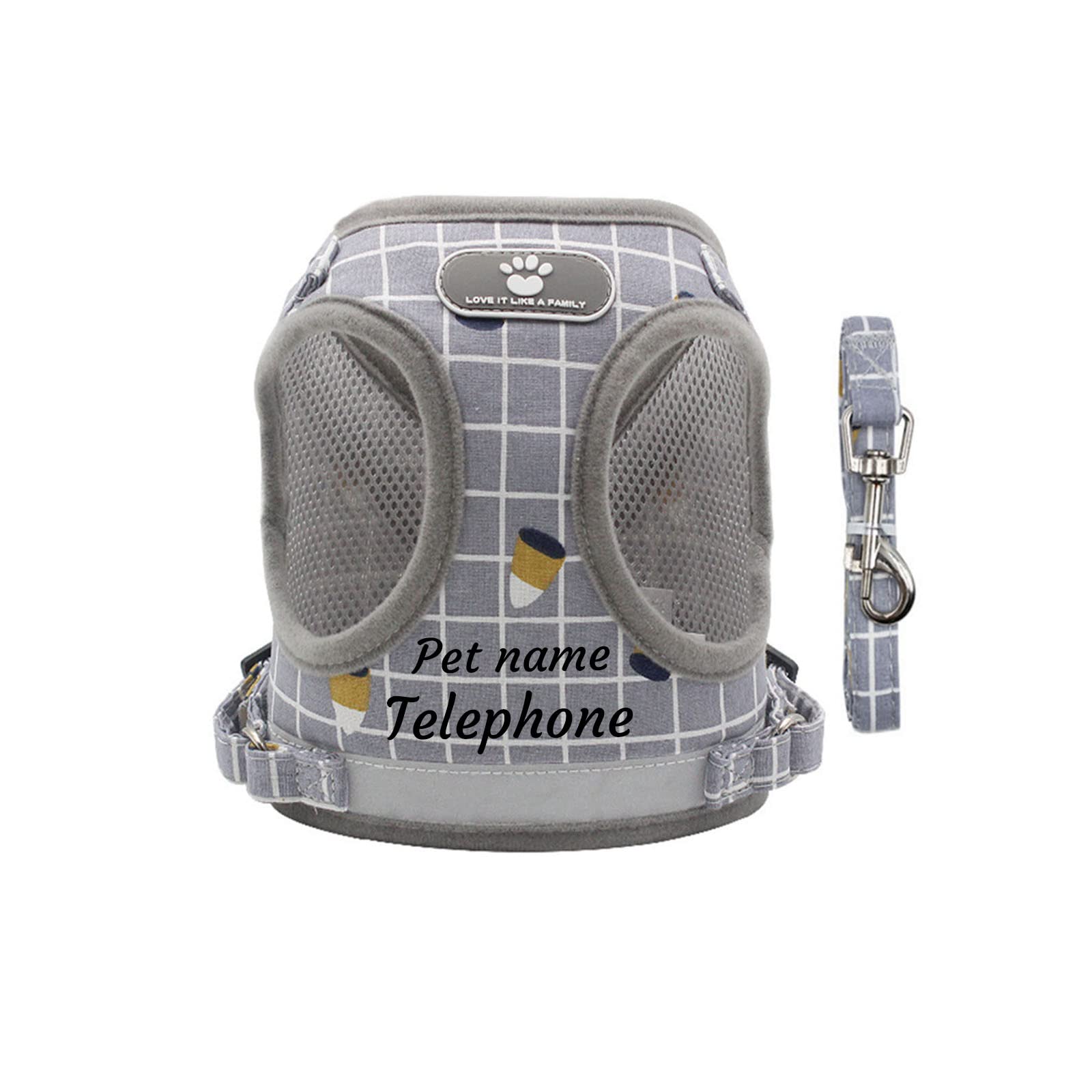 Deggodech Personalized Dog Harness with Pet Name & Phone, Reflective Personalised Dog Harness with Name Custom Cat Vest Harness and Leash Set for Small Medium Large Dog (Grey Plaid, M)
