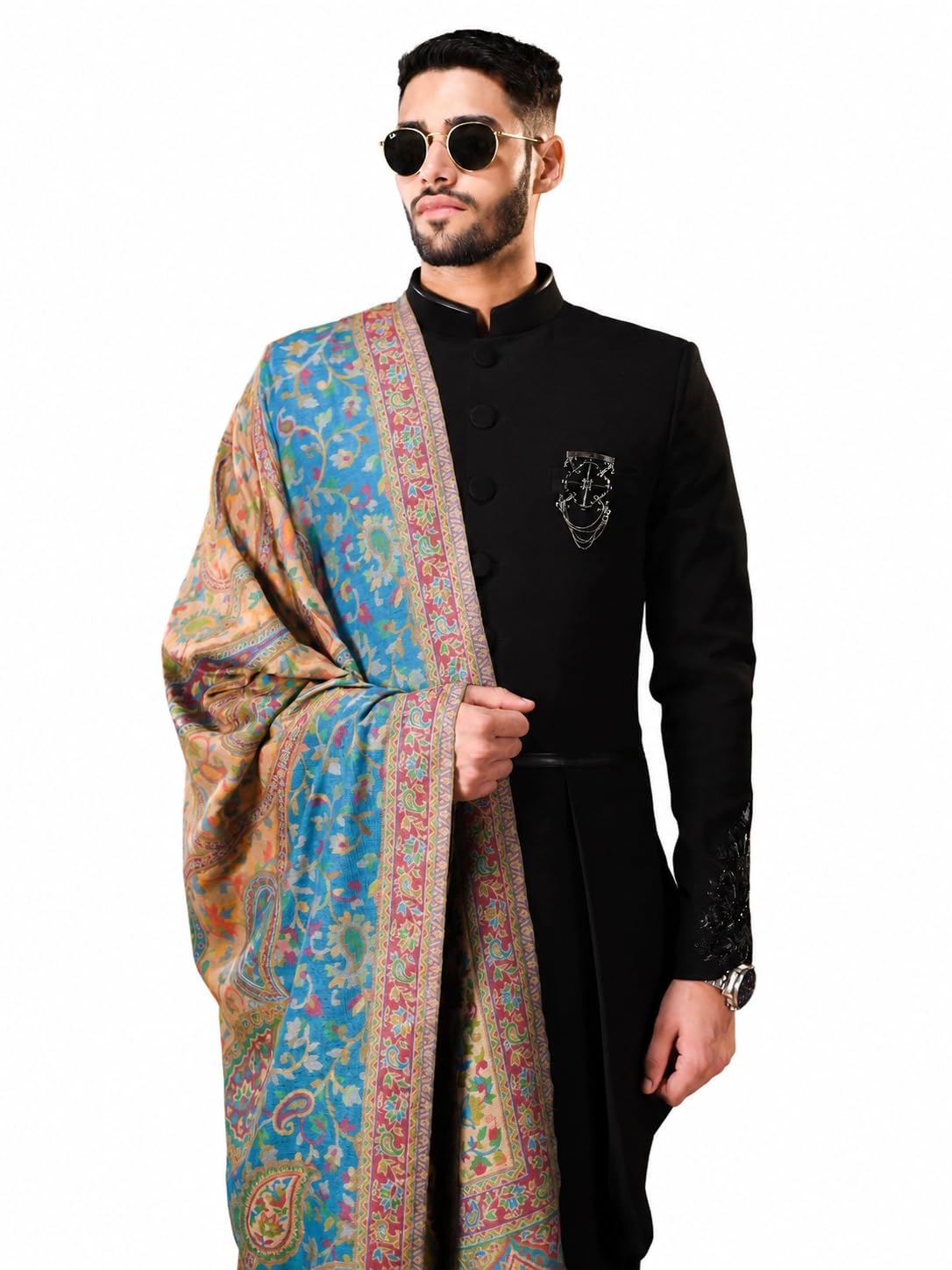 pashtush Mens Ethnic Stole, Faux Pashmina, Soft And Warm, Arabian Blue-picture-19
