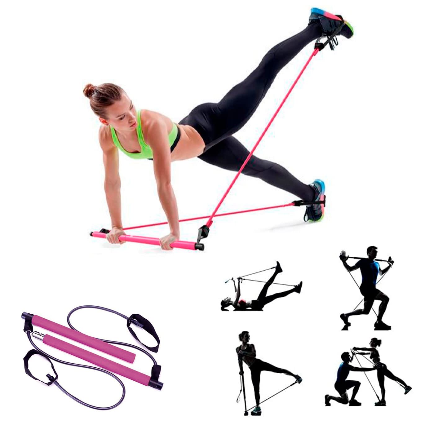 Acan Tradineur - Barra de Pilates con Bandas de Resistencia, Barra Fitness portátil con enganches para los pies, Ejercicio en casa, Yoga, estiramientos, Abdominales, Perder Peso (Color Aleatorio)