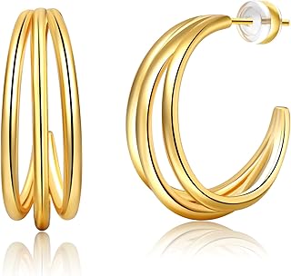 Chunky Gold Hoop Earrings for Women,14k Gold Plated Thick Triple Hoop Earrings Hypoallergenic Lightweight Chunky Hoop Earrings for Women Girls