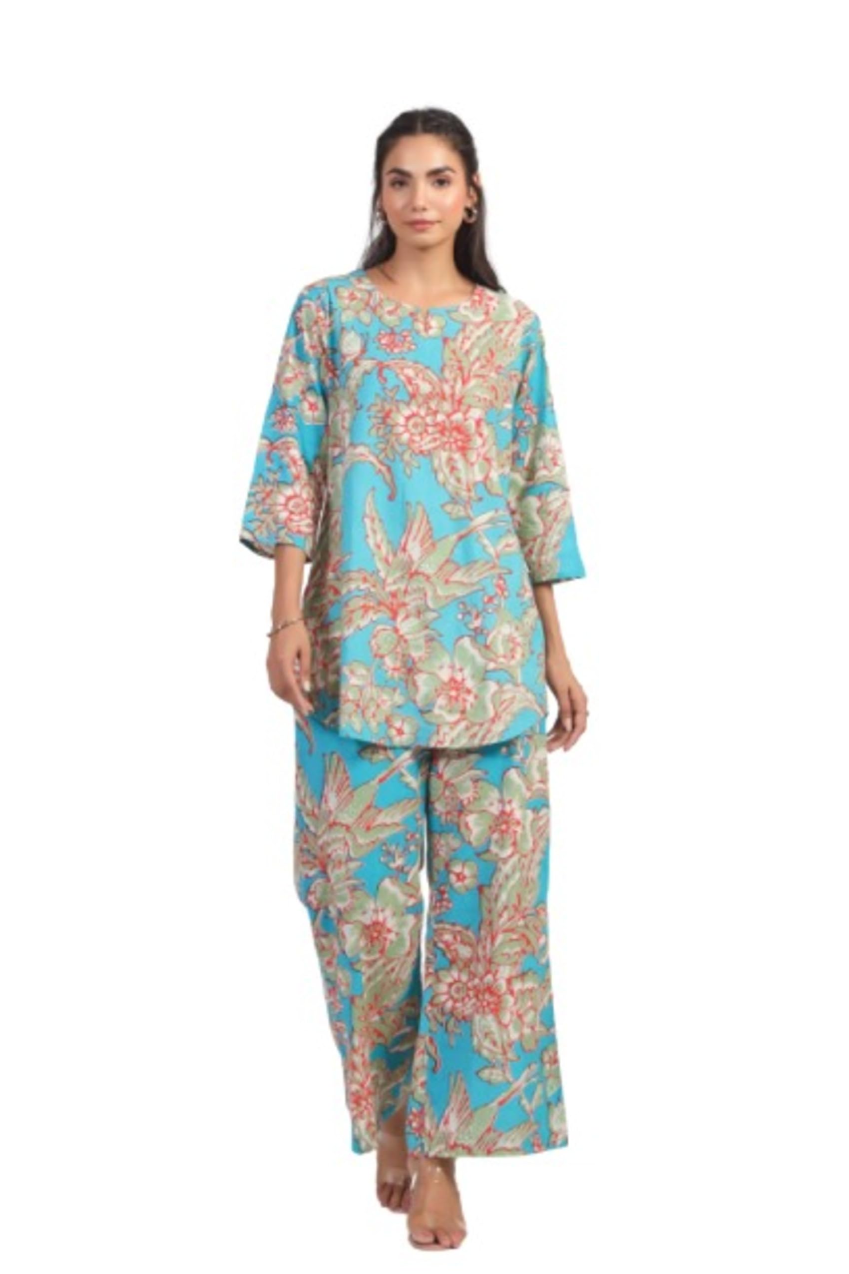Tropical Blue Floral Cotton Co-ord Set for Women-image-14
