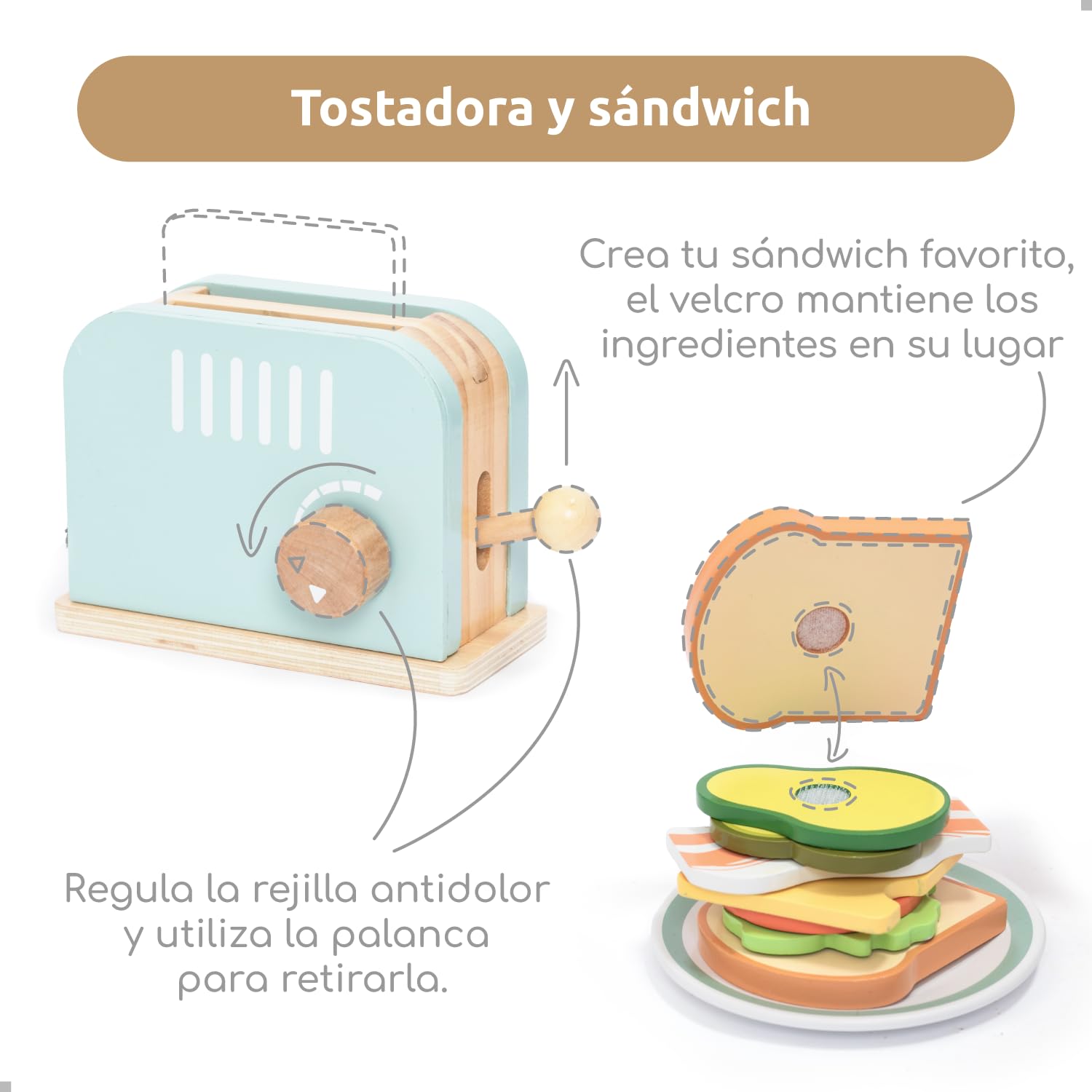 UMU® Tostadora de Madera y sándwich de Juguete de Cocina, Incluye tostadora Pop-up, Corte de Mantequilla, Accesorios de Cocina para niños y Mucho más, Juguete de Madera para niños a Partir de 3, 4, 5