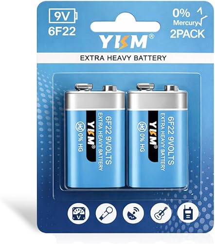 YKM Paquete de 2 baterías de 9 V para detector de humo, alarma de humo, carbón y zinc, batería de 9 voltios
