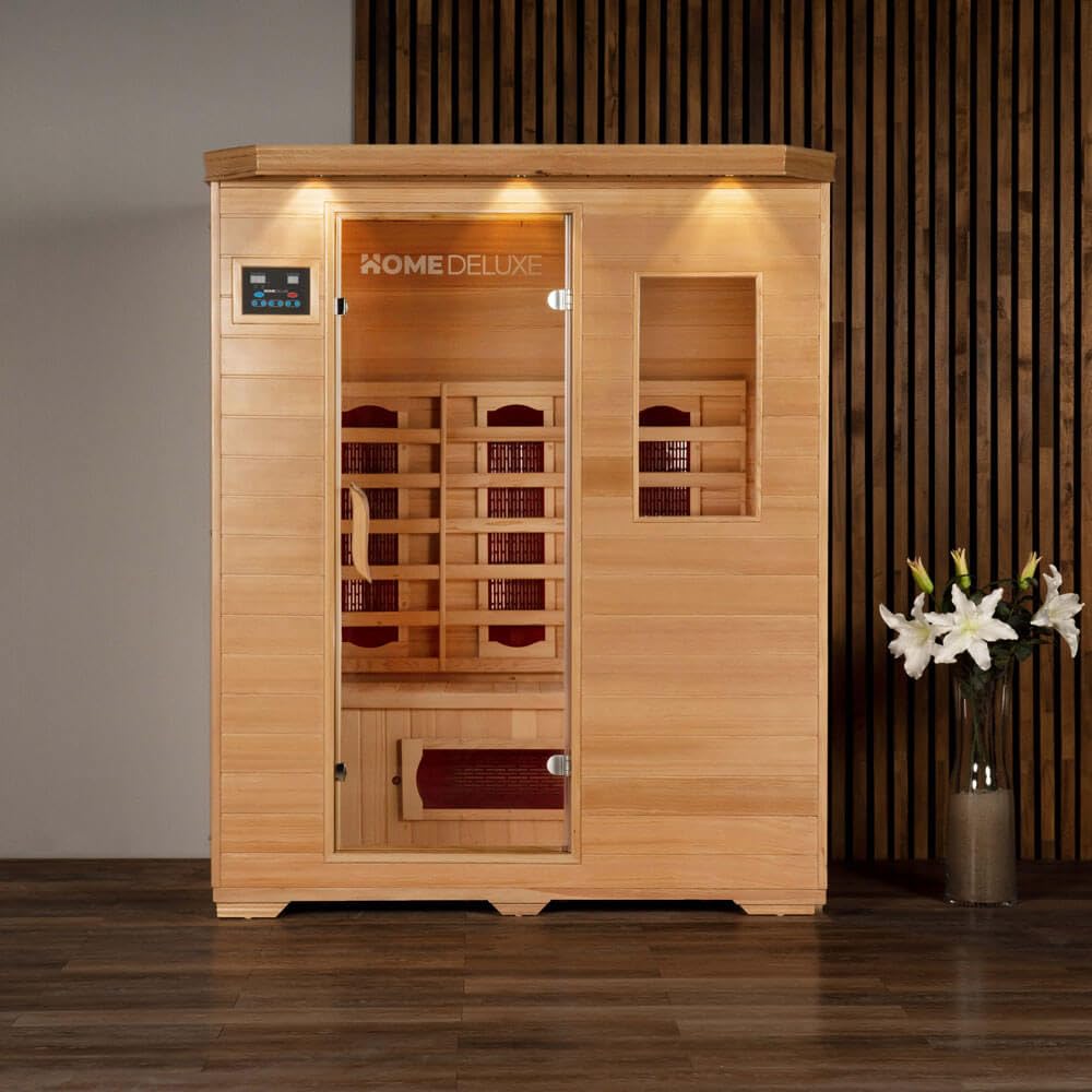 Home Deluxe – Infrarotkabine REDSUN L –153 x 110 x 190 cm - für 2-3 Person, 6 Keramikstrahler, Holz: Hemlocktanne I Infrarotsauna, Sauna, Wärmekabine, Infrarot