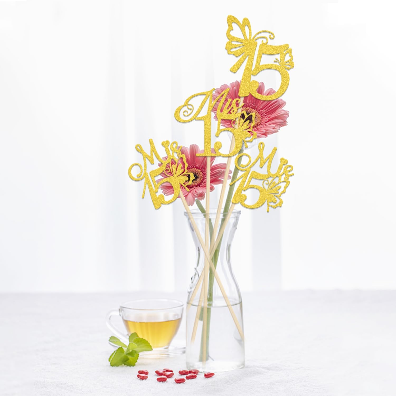 Mis 15 Centerpiece Sticks Mis 15 Anos Birthday Table Centerpieces Hello 15 Birthday Party Decorations Cheers to 15 Years Anniversary Party Decor Sign 12PCS Gold Glitter - Image 4