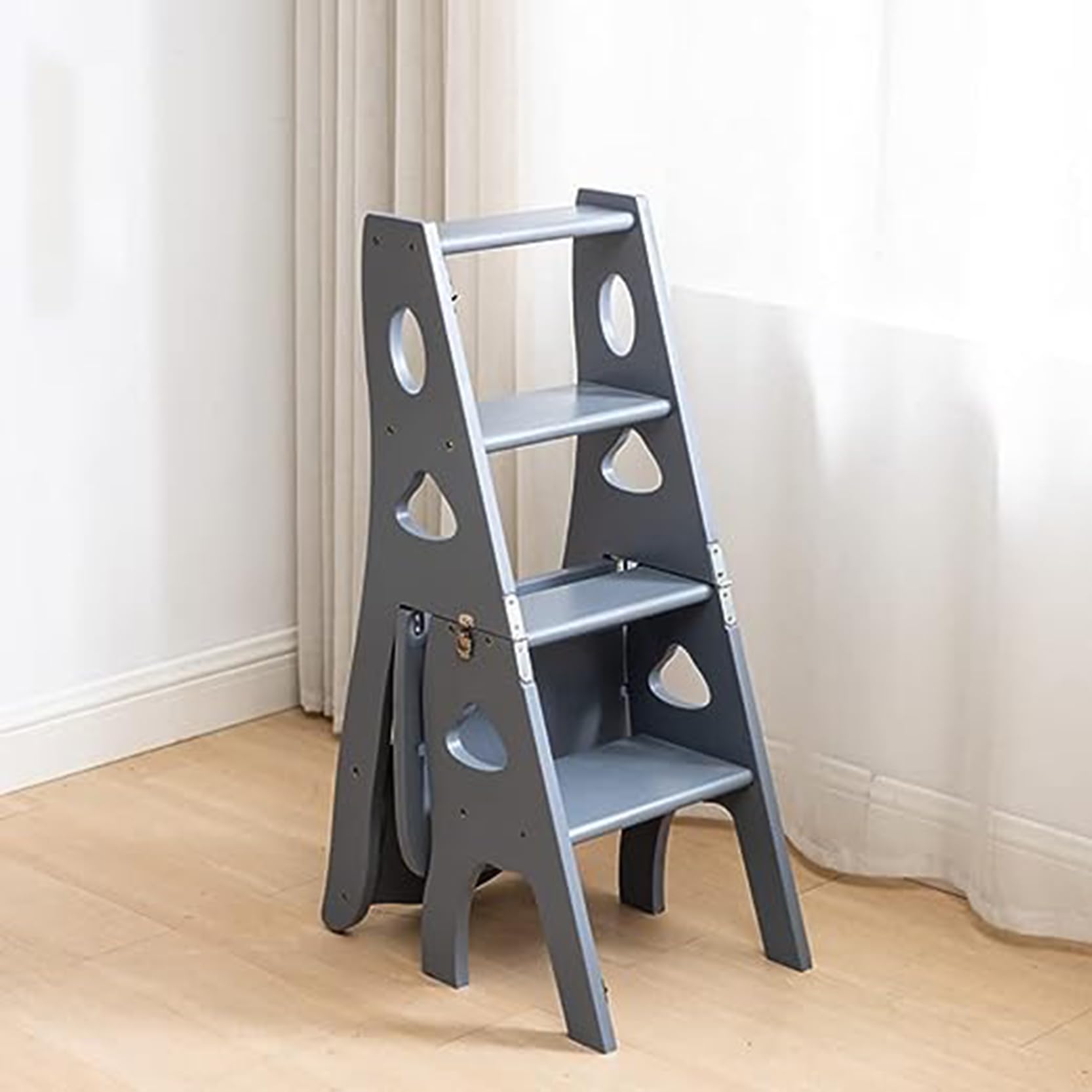 Tabouret-échelle pliant en bois antidérapant avec étagère et support plantes