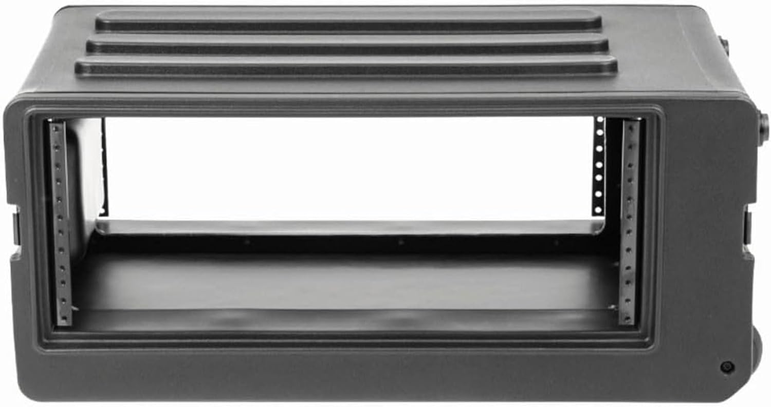 SKB 4U rSeries Shallow Rolling Rack with Integrated Back Wheels and 1-Touch Pull Handle, Comes with 8 Rack Units and Interlocking Molded Stacking Bars