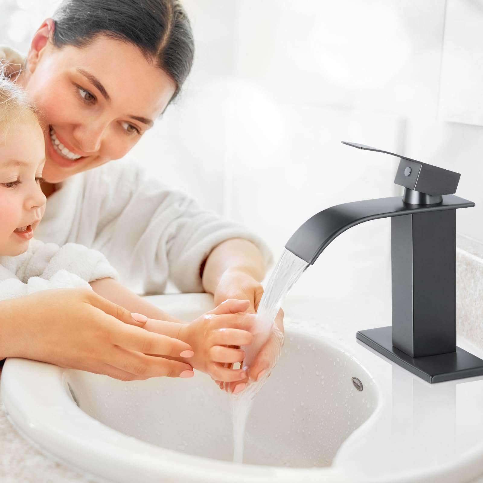 Qomolangma Grey Waterfall Spout Bathroom Faucet, Single Handle Bathroom Vanity Sink Faucets, Rv Lavatory Vessel Faucet Suitable for 1 or 3 Holes with 6 Inch Deck Plate & Hose