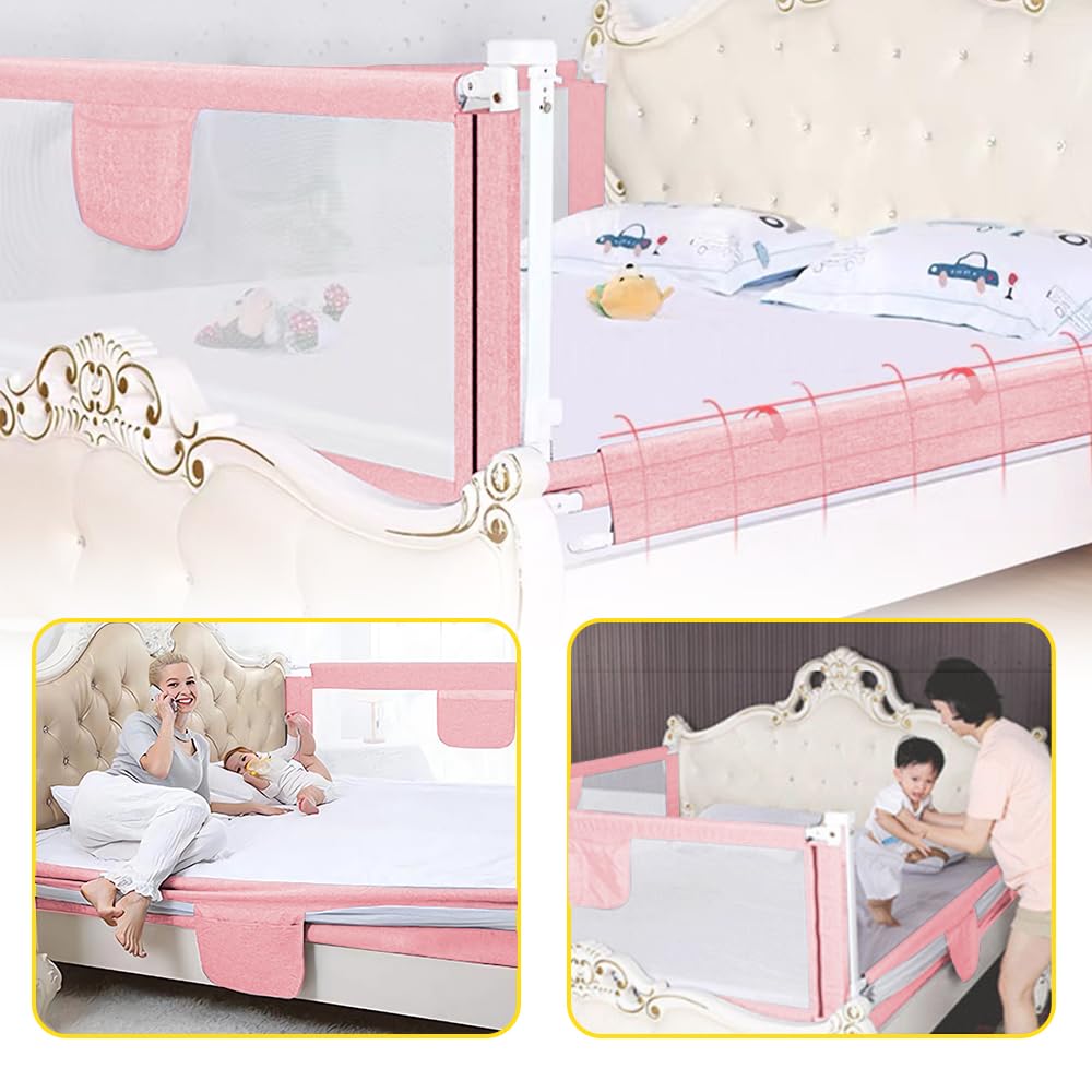 HUOLE Barriere de Lit Enfants, Barrière De Protection De Lit pour Enfants, Grand Rails de lit pour Tout Petits pour Matelas Jumeaux, Double, Pleine Grandeur Queen & King-Rose☻-1,8 m