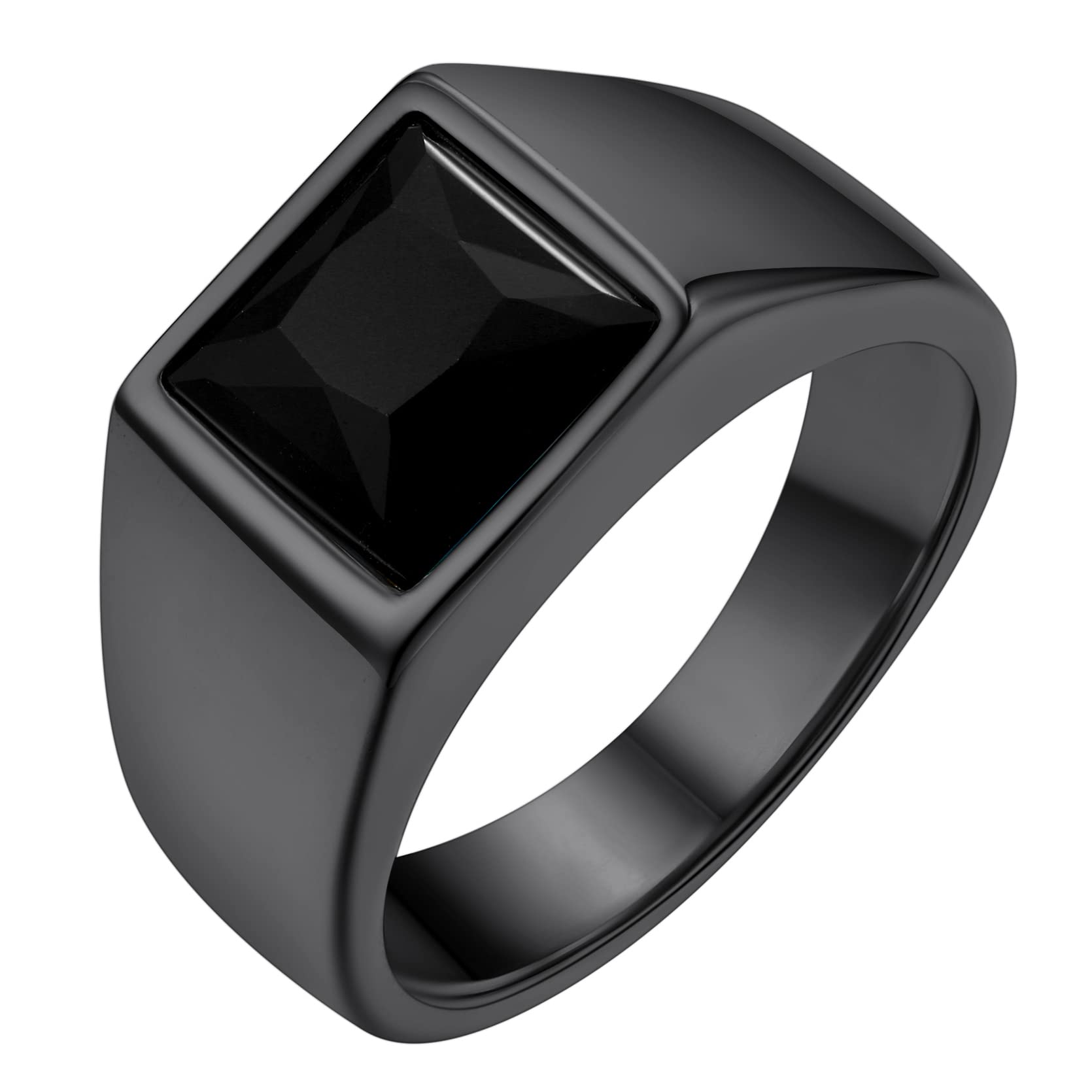 GOLDCHIC JEWELRY GoldChic Anillos Sello Cuadrado con Cristal Negro Azul 8mm Ancho, Anillo Buen Peso Sólido para Promesa Amistad
