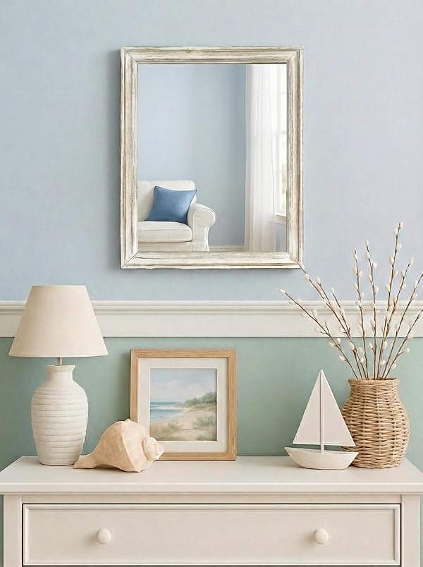 Wood Frame Wall Mirror 16x20 inches | Rustic White Farmhouse Mirror Decor | Vertical and Horizontal Hanging | Living Room Bathroom (Distressed White) by Wood - Used condition - US$24.69