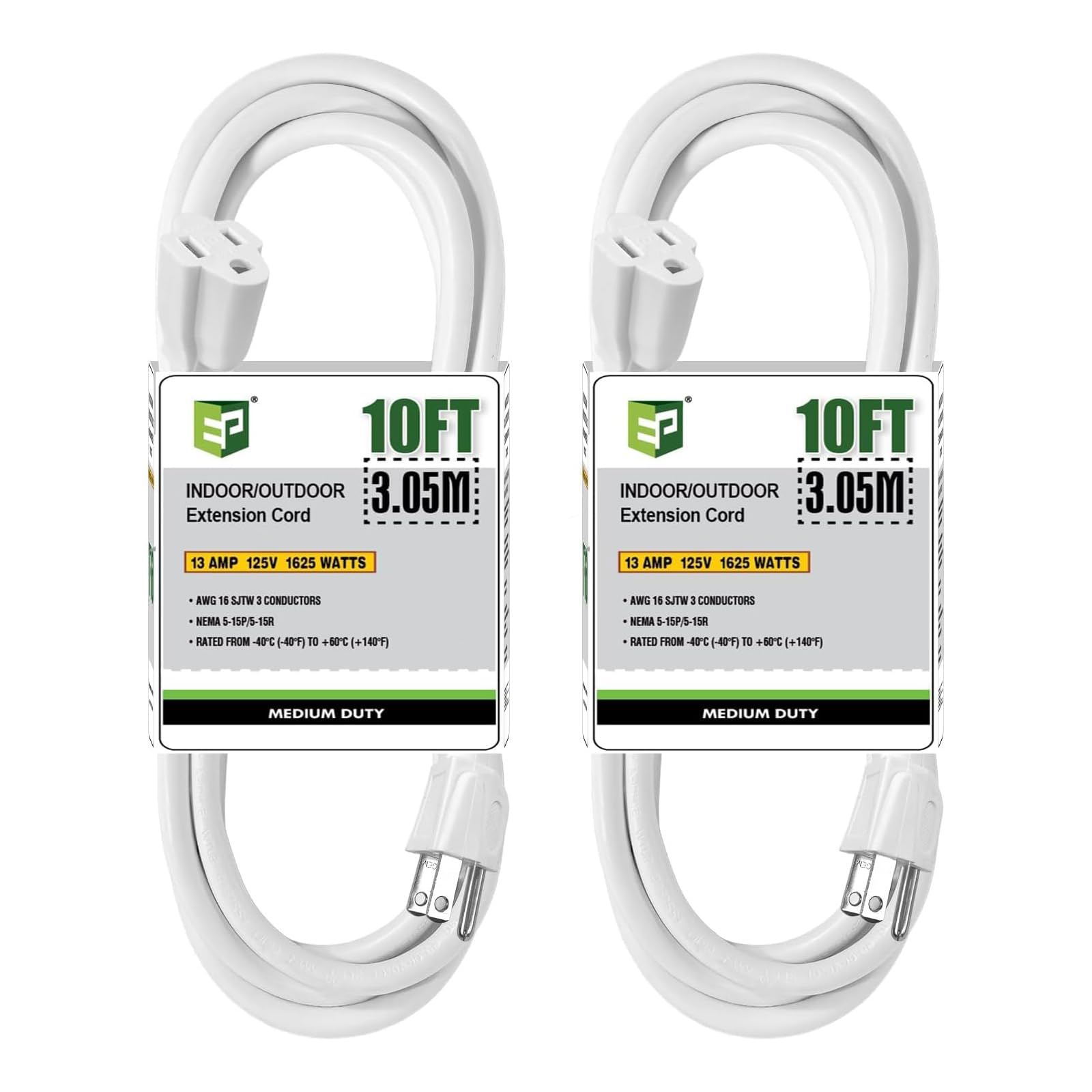 EP 10 FT Outdoor Extension Cord, 16/3 SJTW Heavy Duty White 2PK, ETL Listed
