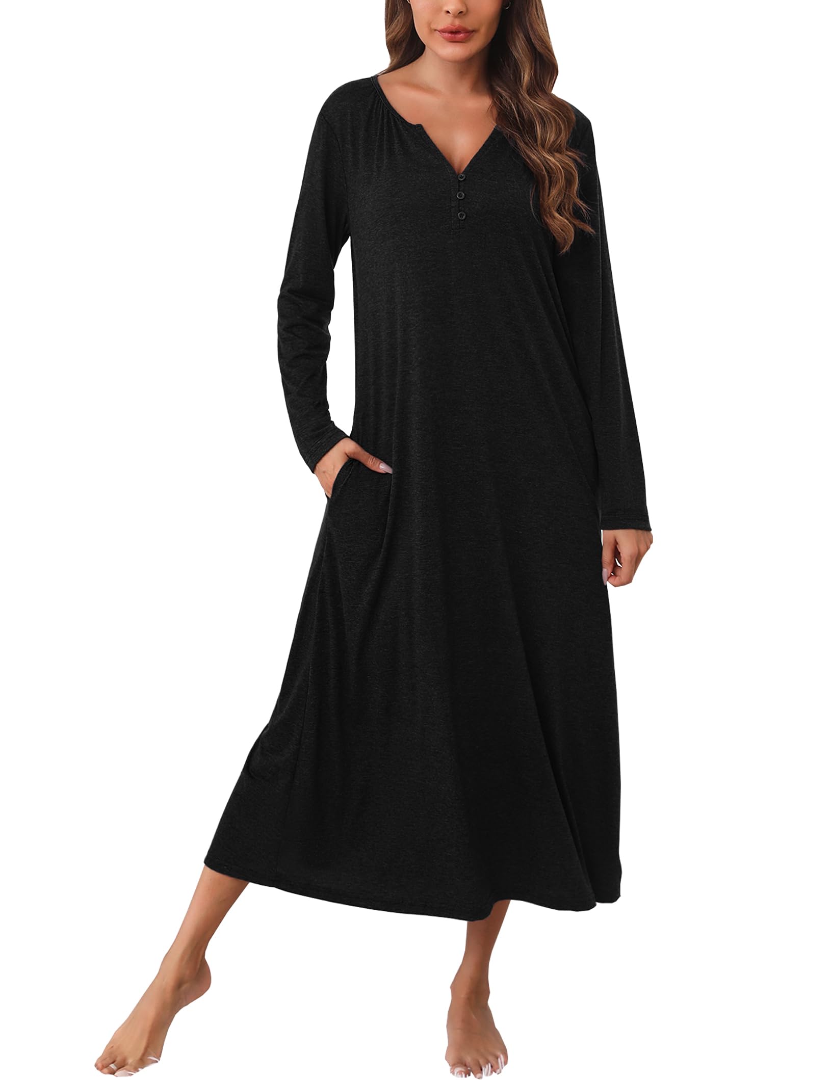 Marvmys Womens Long Sleeve Nightgown Cotton Long Nightshirts Henley Full Length Sleep Shirts with Pocket