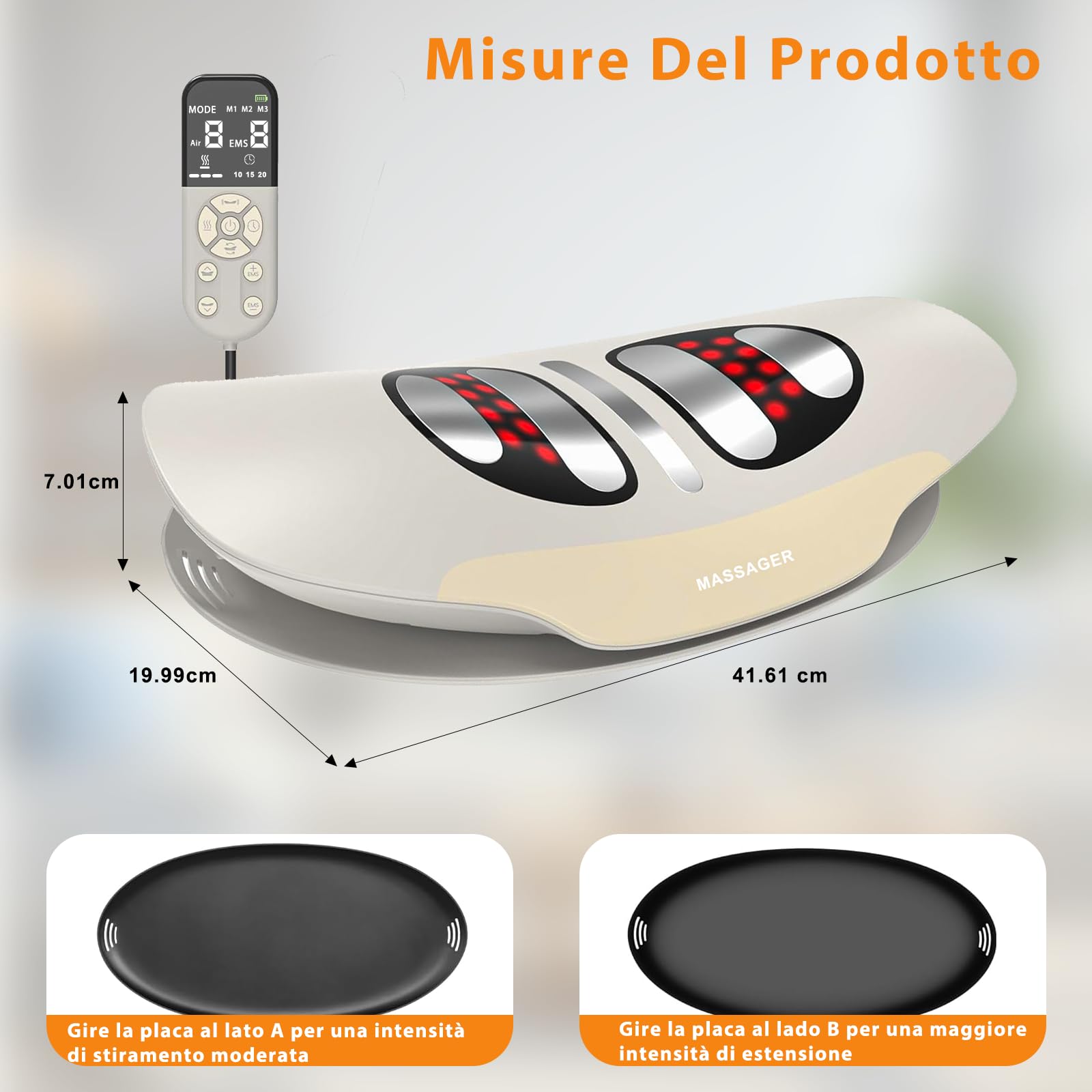 4 in 1 Apparecchio per Massaggio Lombare, EMS, Trazione con Airbag | 3 Livelli, Lombare Senza Fili, Impacchi Caldi, Vibrazione, per la Schiena Regolazione