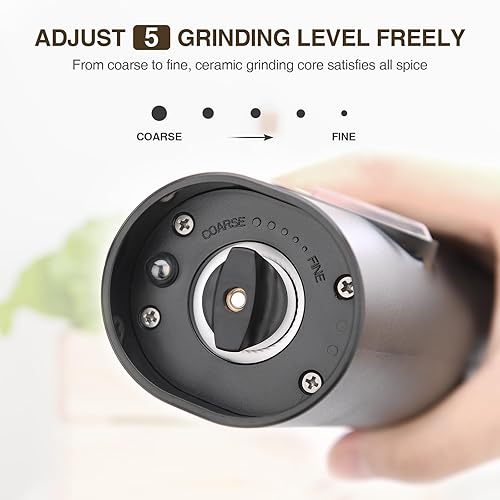 Miniatura 3 de Hotder Juego de molinillo eléctrico de pimienta y sal, funciona con pilas, ajustable, 5 niveles de grosura, molinillo de pimienta negra con soporte,