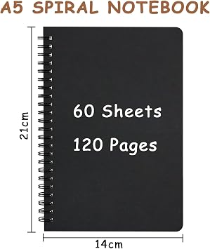 4 Pack Notebook Lined A5 Spiral Notepad, Black Kraft Cover Notebooks 120 Pages / 60 Sheets Bulk Journals, Memo Notepads Planner Sketch Pad