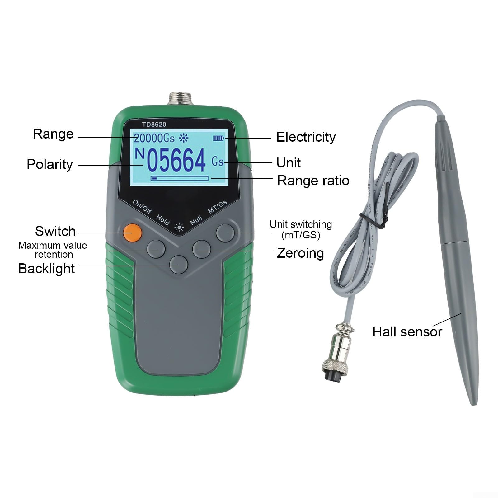 Misuratore digitale portatile TD8620 di Gauss con sonda Hall, 0-2400mT Range EMF Tester per misurazione magnetica della densità del flusso, auto-ranging e display retroilluminato