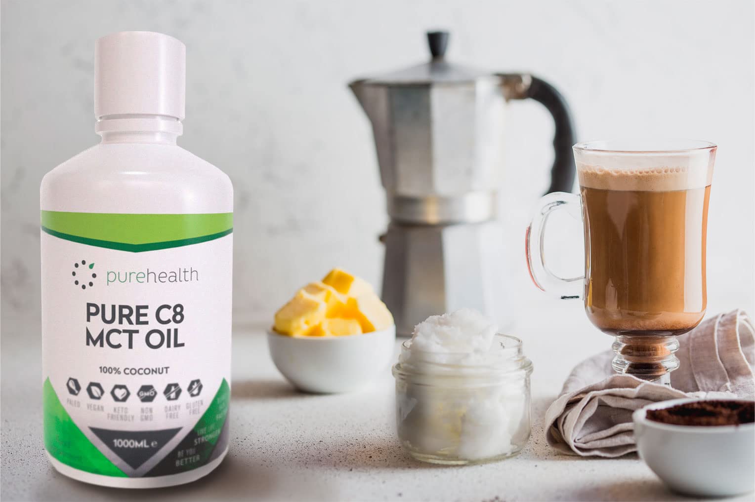 100% Aceite de coco C8 MCT | Pureza de 99% | Ácido Caprílico Puro C8 | NON_GMO | 1000ML | Paleo | Cetogénica | Vegana | Sin gluten | Sin BPA (1000ml Coco C8)