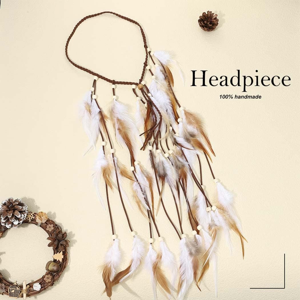 Zoestar Boho Feather Headband Vintage Hippie Headpiece Indian Tribal Hair Accessories for Women, Brown, White - Image 4