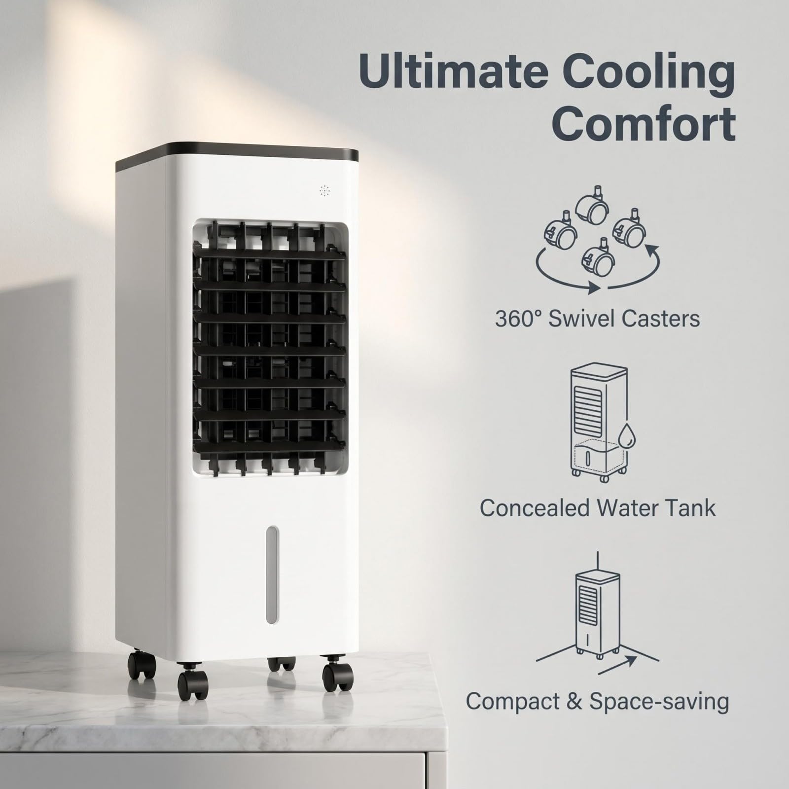 Climatiseur Évaporatif Mobile, Rafraîchisseur d'Air Silencieux 4 en 1, humidifier, Ionisé et Ventilateur, 3 Vitesses, 3 Modes, Réservoir 6L, Minuterie 7.5 h, Télécommande (Noir)