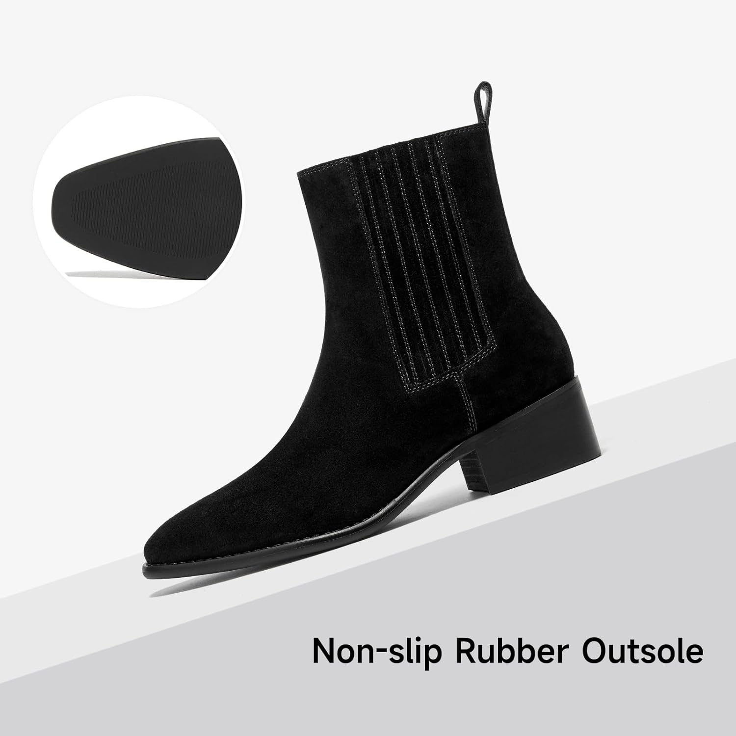 BEAU TODAY Chelsea Boots Women, Suede Chunky Boots for Women, Dress Ankle Booties Low Heel, Slip On Pointed Toe Western Boots with Elastic Band