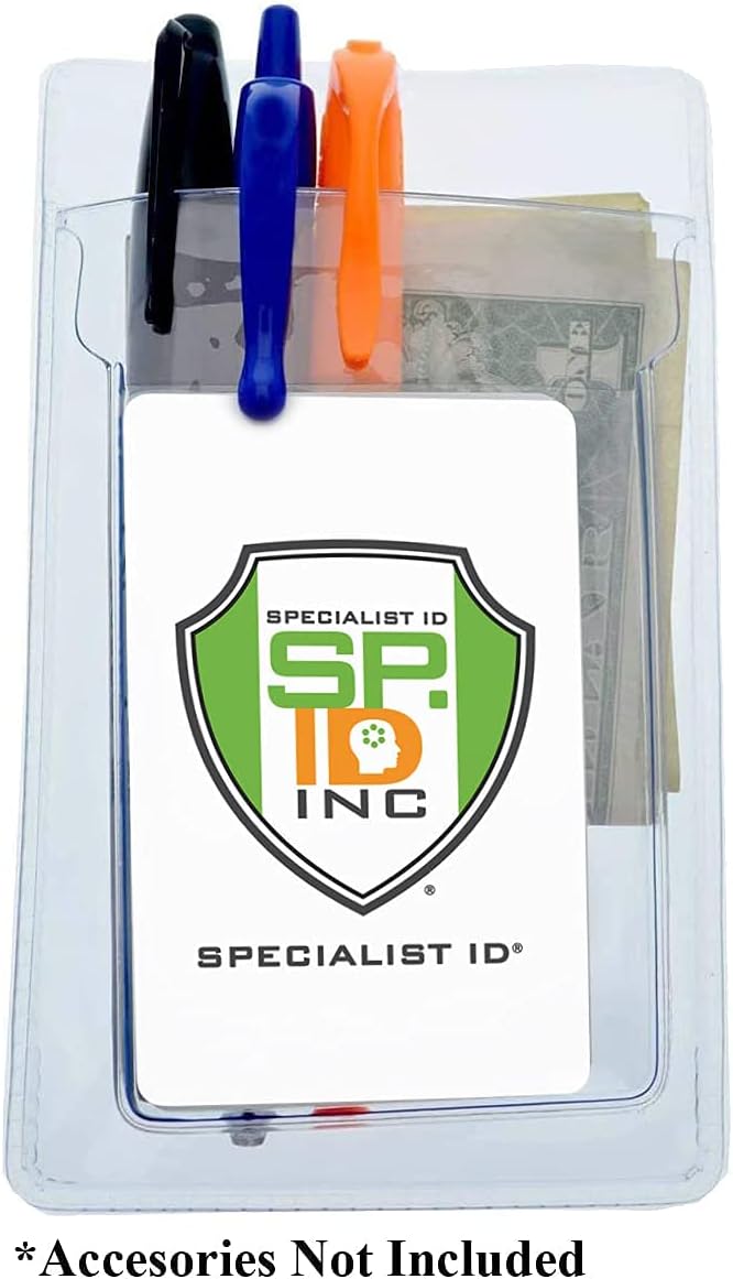 5 Pack - Heavy Duty Pocket Protector with Vertical ID Badge Holder - Clear Plastic Shirt/Lab Coat Pocket Pouch Organizer for Pens, Pencils, Small Tools, Name Tags and More by Specialist ID