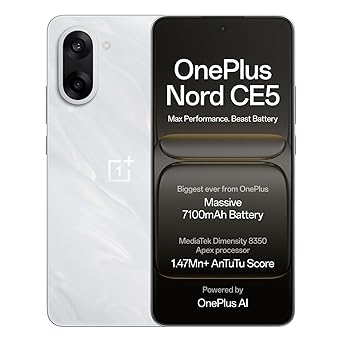 OnePlus Nord CE5 | Massive 7100mAh Battery | MediaTek Dimensity 8350 Apex | Powered by OnePlus AI | 8GB + 128GB | Marble Mist - image, photos