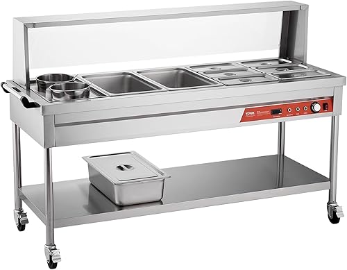 Miniatura 12 de VEVOR Calentador de alimentos comercial, 8 sartenes + 2 ollas, mesa de vapor eléctrica, calentador de alimentos profesional de 1800 W con ruedas de